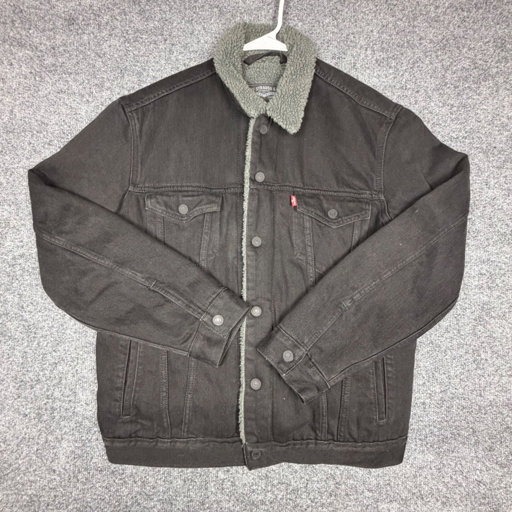 Levis Mens Sherpa Lined Denim Jacket Faded Black Size M Trucker Coat (READ)